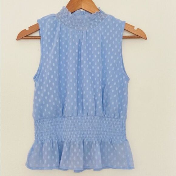 Japna sleeveless Smocked Mock Neck blouse Sheer Light Blue Medium - Picture 3 of 11